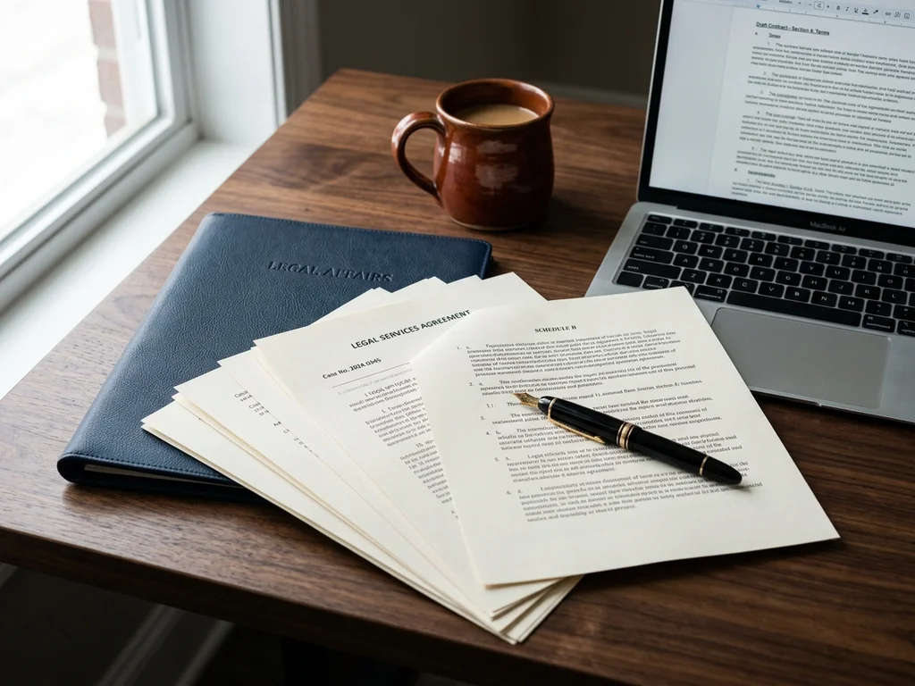 Bureau professionnel avec documents imprimés et ordinateur illustrant le cadre contractuel et légal.