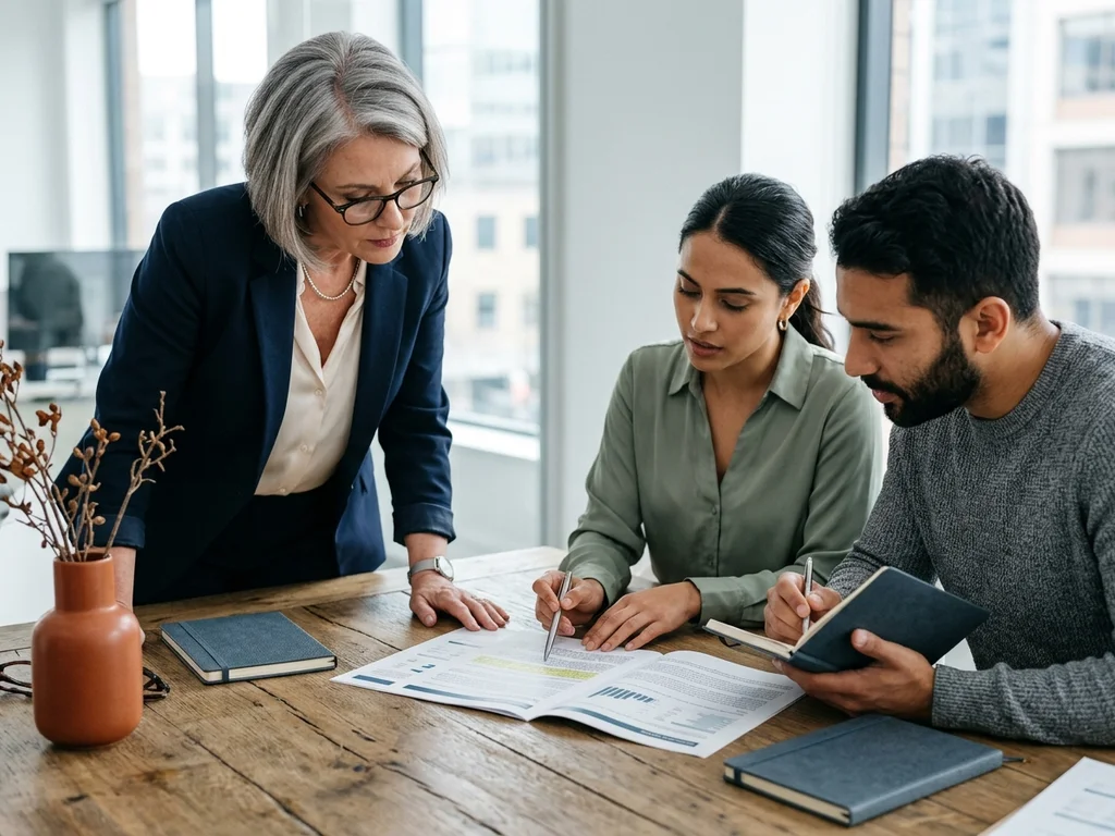 Cadres analysant des documents stratégiques pour faciliter la prise de décision au sein de l'entreprise.