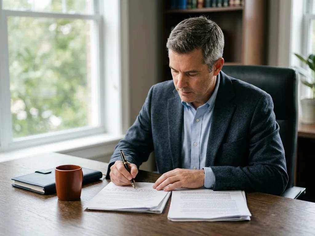 Ibrahim Vaillant, expert en droit social, analyse des dossiers juridiques dans son bureau.
