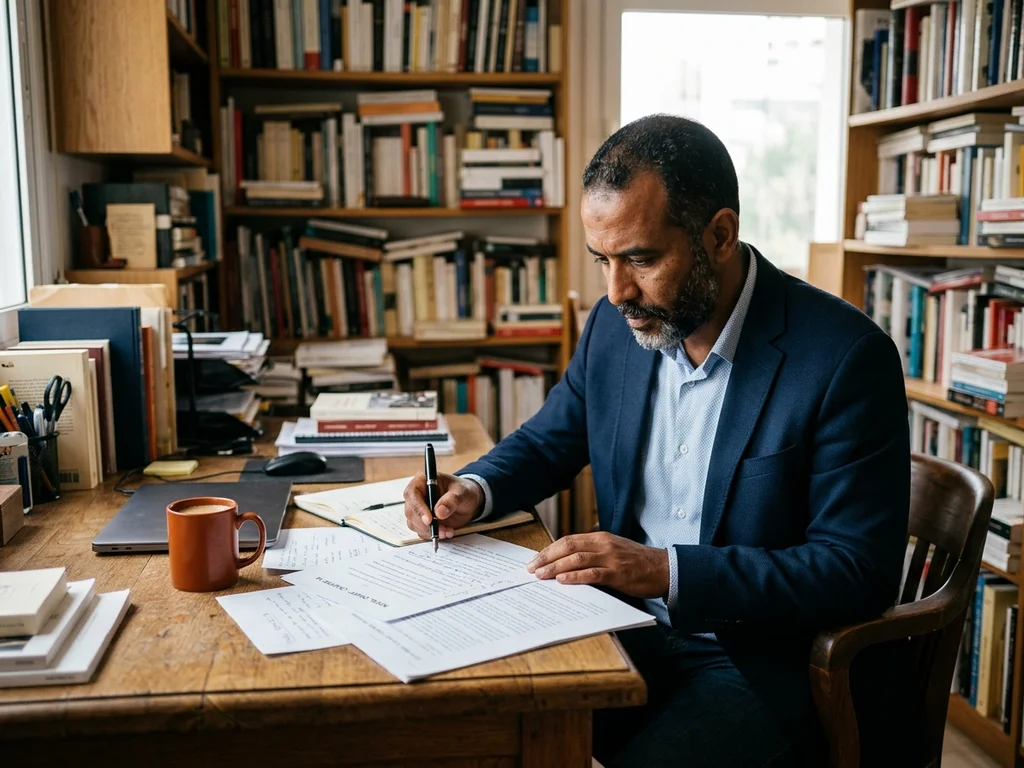Mehdi Hébert, rédacteur en chef, examine un manuscrit pour le magazine Societal.